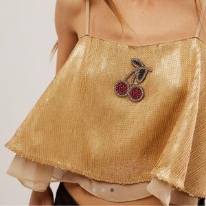 Free People Gold Sequin Cherry Embellished Swing Sleeveless Crop Top Size M
